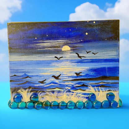 Hand-painted moonlit ocean canvas art with glowing moon, waves, birds, and 3D glass beads – handmade painting for bedroom or coastal home décor.