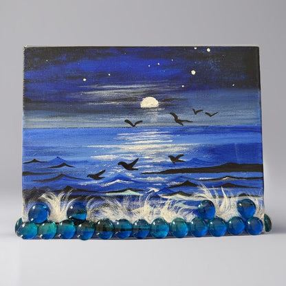 Hand-painted moonlit ocean canvas art with glowing moon, waves, birds, and 3D glass beads – handmade painting for bedroom or coastal home décor.
