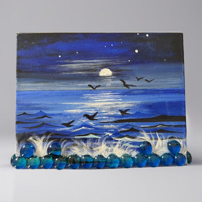 Handmade moonlit ocean painting with birds, full moon, textured glass beads, and serene night sky – perfect wall art for peaceful home décor.


