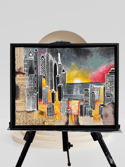 Urban Sunrise Symphony – Framed Colorful Cityscape Wall Art (11x14 Inches) - GalaxyArtWork