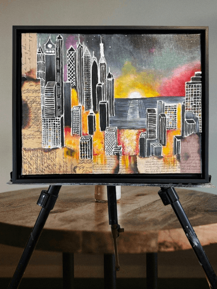 Urban Sunrise Symphony – Framed Colorful Cityscape Wall Art (11x14 Inches) - GalaxyArtWork