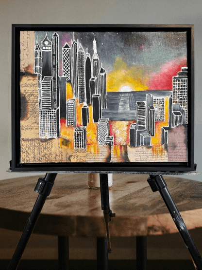 Urban Sunrise Symphony – Framed Colorful Cityscape Wall Art (11x14 Inches) - GalaxyArtWork