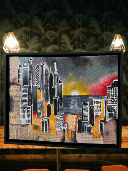 Urban Sunrise Symphony – Framed Colorful Cityscape Wall Art (11x14 Inches) - GalaxyArtWork