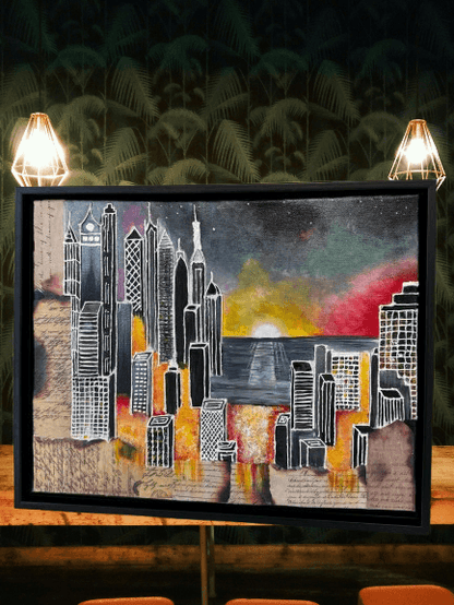 Urban Sunrise Symphony – Framed Colorful Cityscape Wall Art (11x14 Inches) - GalaxyArtWork