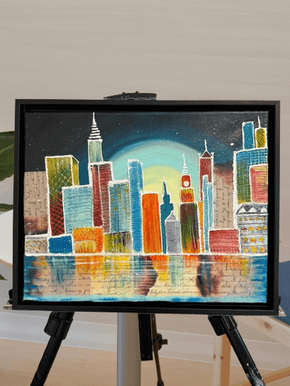Reflections of Vibrant Metropolis – Framed Colorful Cityscape Wall Art (11x14 Inches) - GalaxyArtWork
