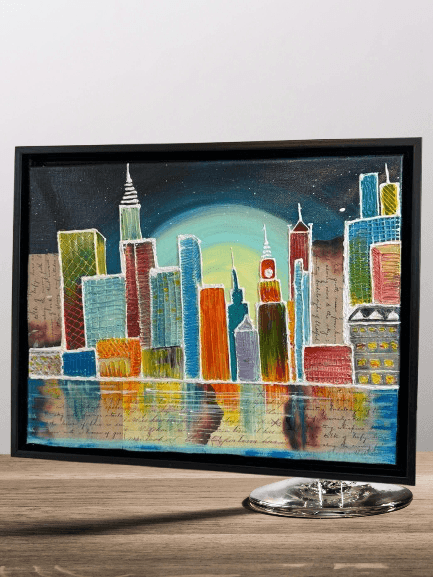 Reflections of Vibrant Metropolis – Framed Colorful Cityscape Wall Art (11x14 Inches) - GalaxyArtWork
