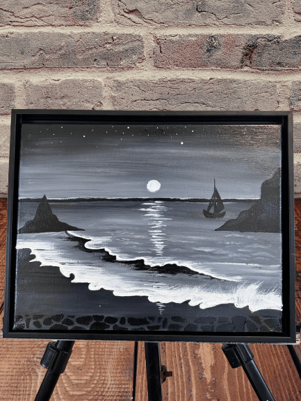 Eternal Moonlit Tides – Framed Monochrome Ocean Landscape Wall Art (11x14 Inches) - GalaxyArtWork