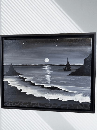 Eternal Moonlit Tides – Framed Monochrome Ocean Landscape Wall Art (11x14 Inches) - GalaxyArtWork