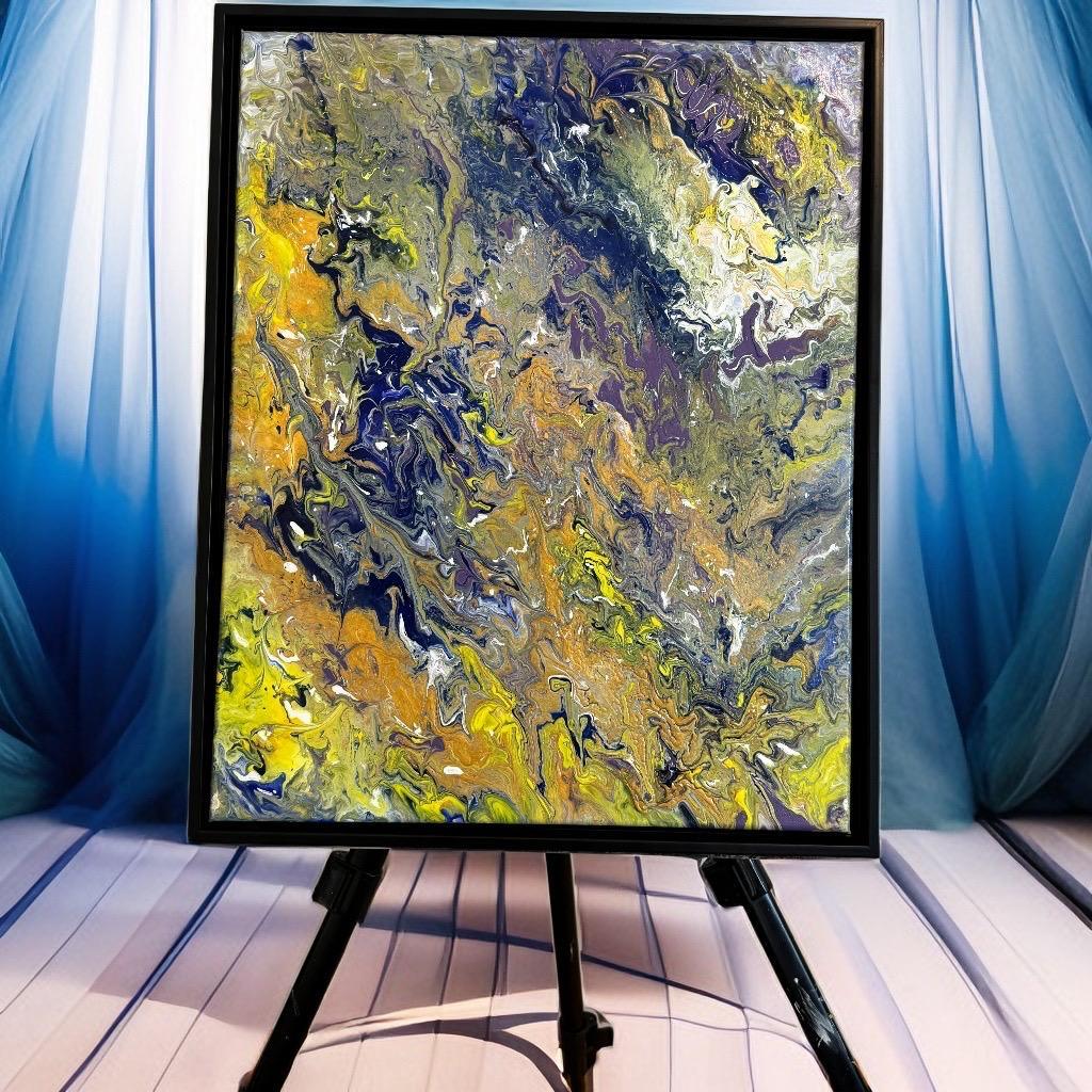 Vibrant Abstract Flow Art – Blue, Yellow & Gold Canvas Painting