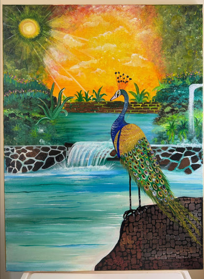 Majestic Peacock by the Waterfall – Nature’s Vibrant Elegance