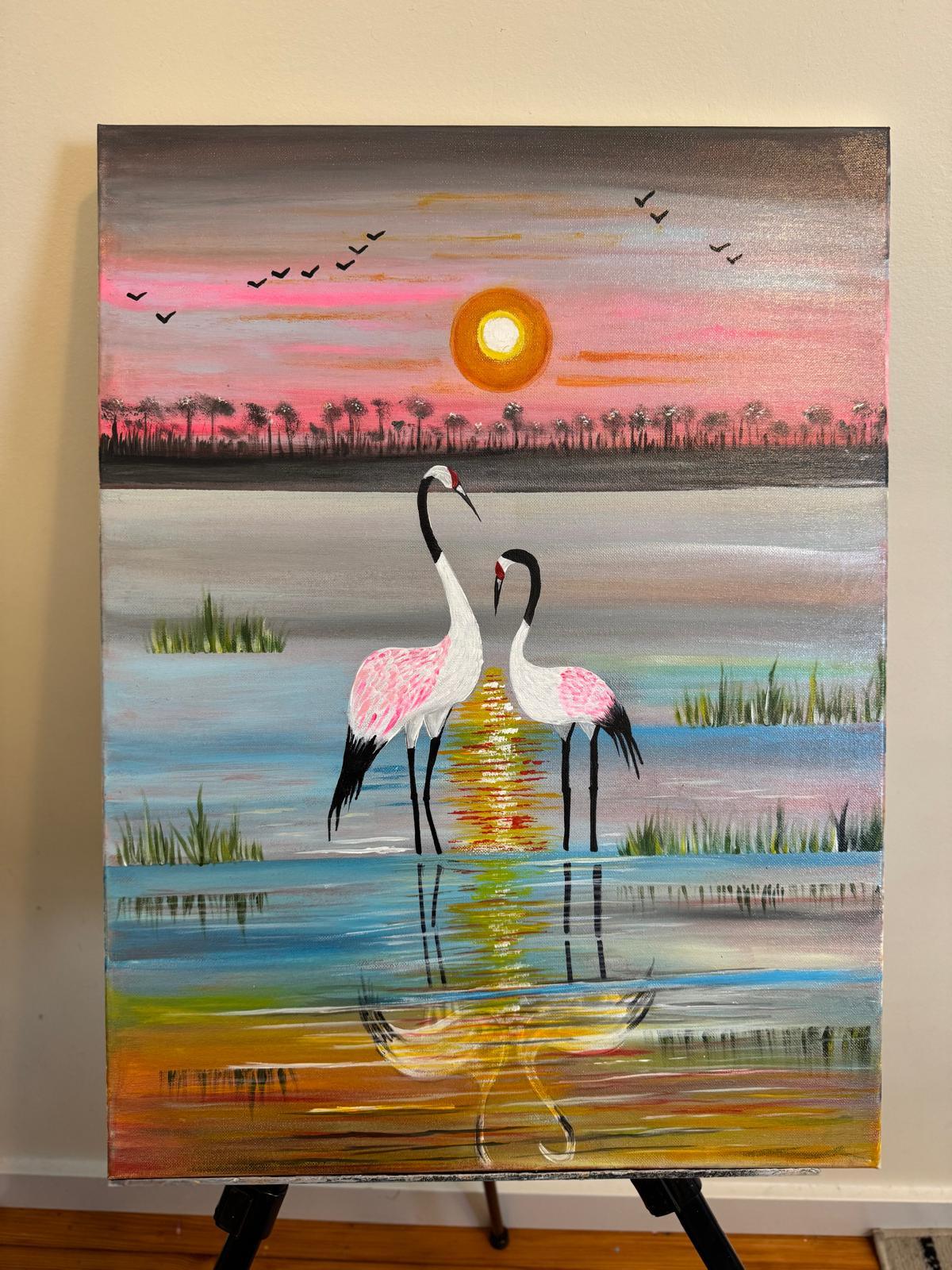 Romantic Flamingos at Sunset – Reflection of Love