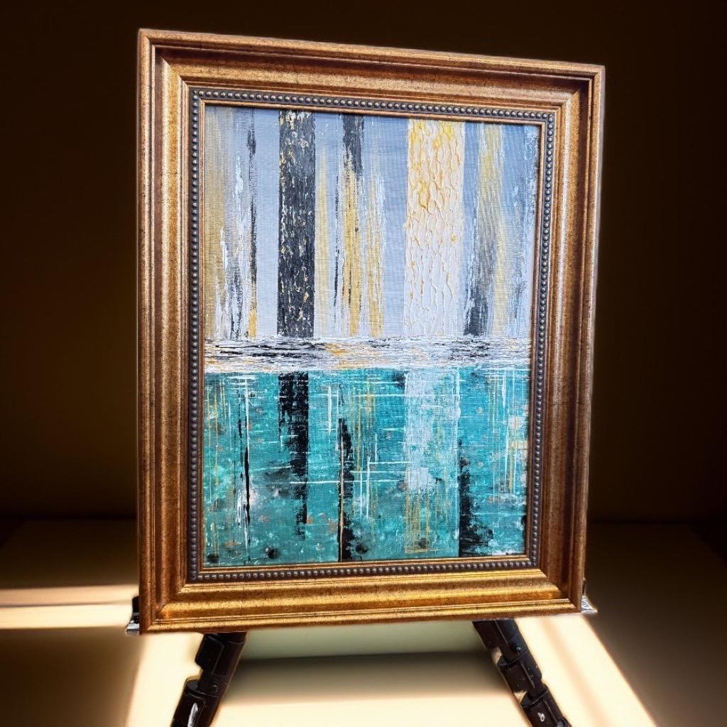 Elegant Textured Abstract Art – Gold, Black & Turquoise Reflection
