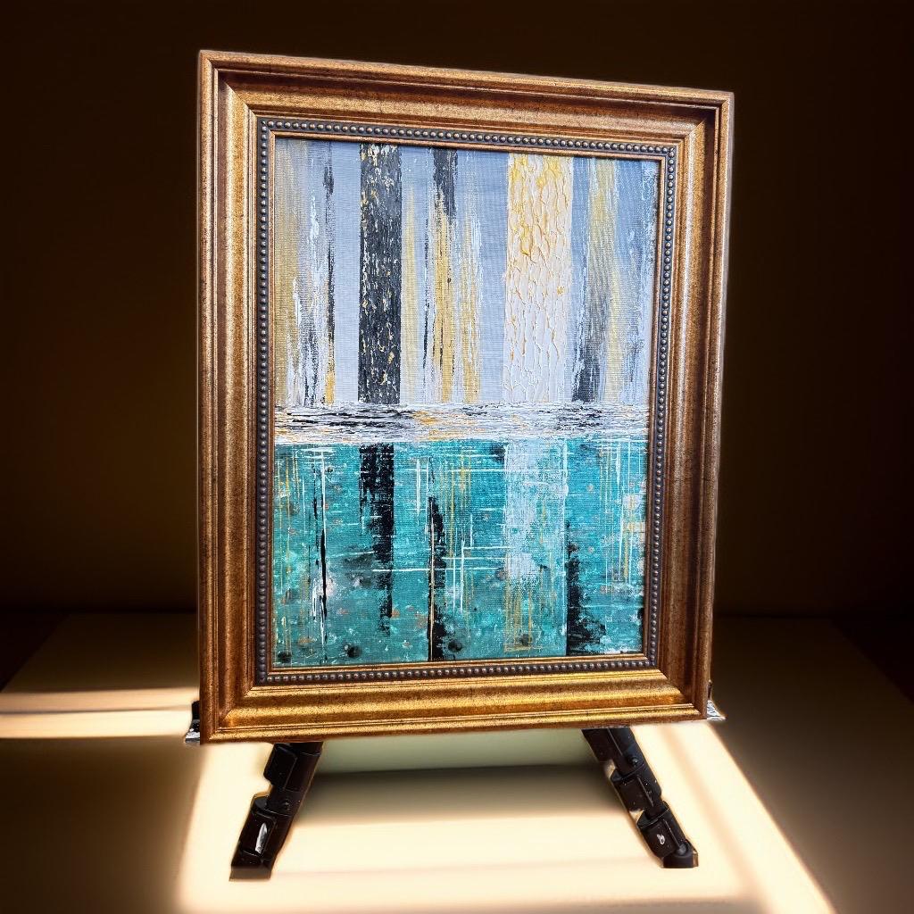 Elegant Textured Abstract Art – Gold, Black & Turquoise Reflection