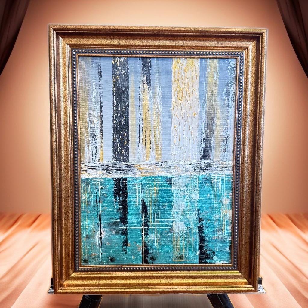 Elegant Textured Abstract Art – Gold, Black & Turquoise Reflection