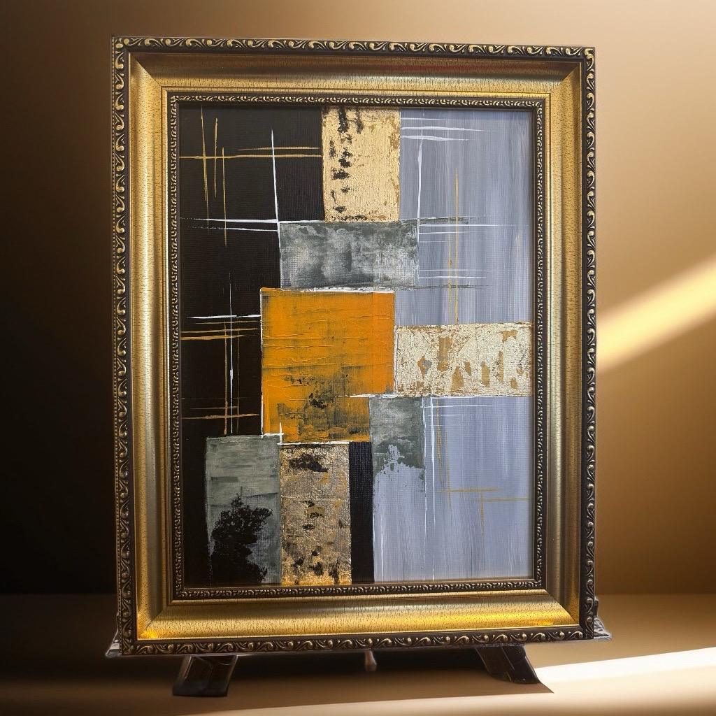 Golden Grid: Urban Harmony – Textured Abstract Cityscape with Gold Frame