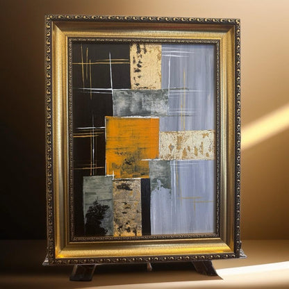 Golden Grid: Urban Harmony – Textured Abstract Cityscape with Gold Frame