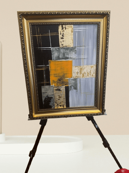 Golden Grid: Urban Harmony – Textured Abstract Cityscape with Gold Frame