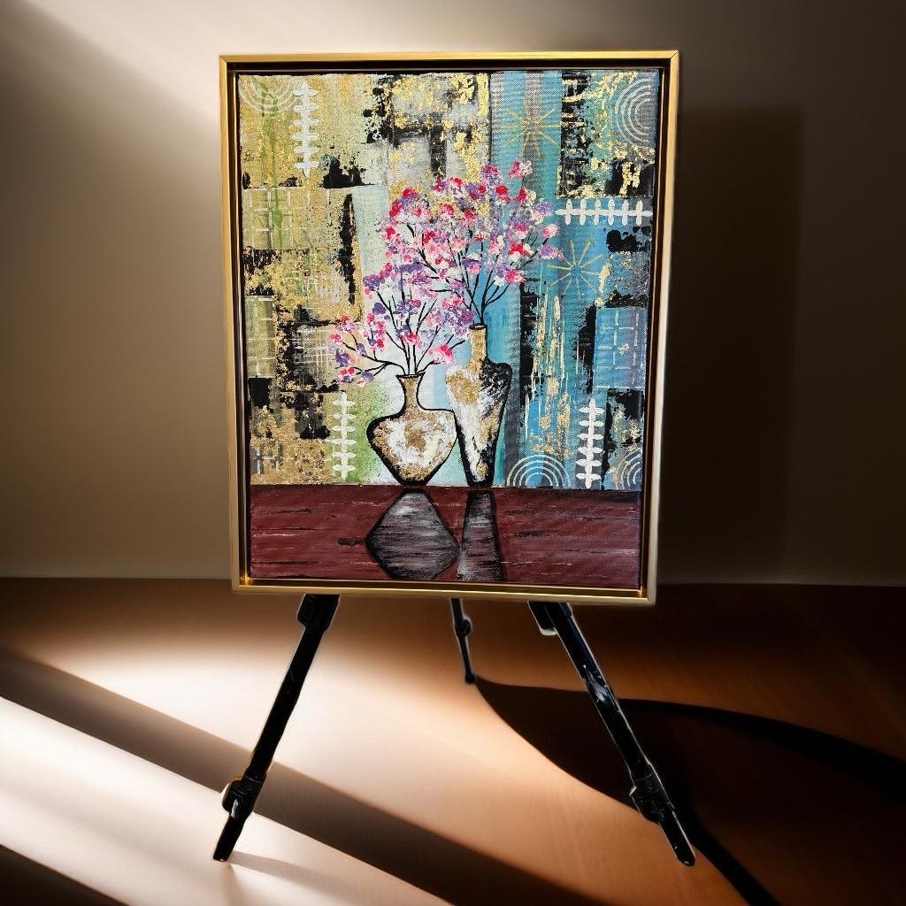 Golden Blossoms in Harmony – Textured Abstract Vase Art with Cherry Blossoms