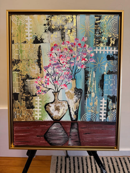 Golden Blossoms in Harmony – Textured Abstract Vase Art with Cherry Blossoms