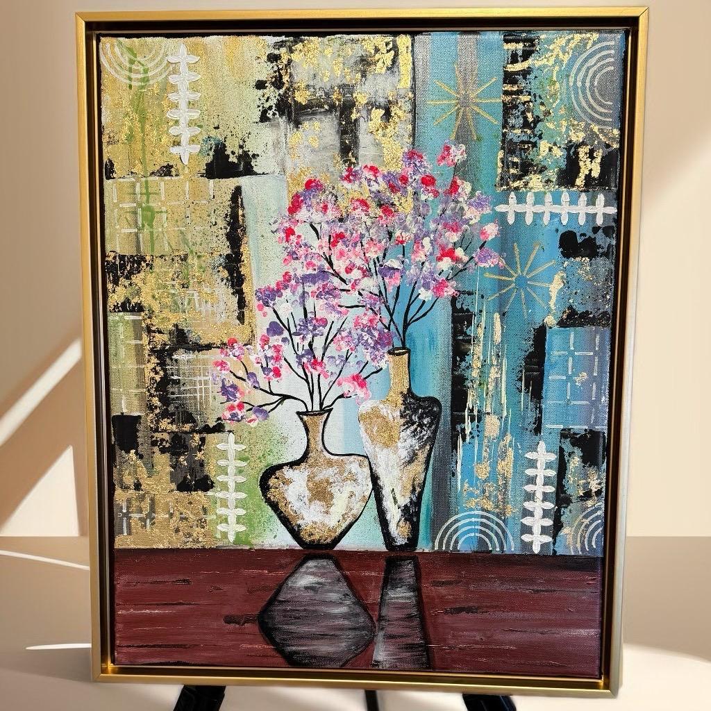 Golden Blossoms in Harmony – Textured Abstract Vase Art with Cherry Blossoms