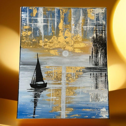 Golden Serenity – Abstract Nautical Wall Art with Sailboat & Gold Leaf