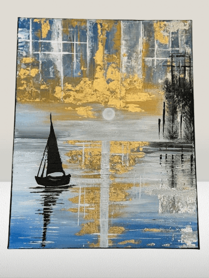 Golden Serenity – Abstract Nautical Wall Art with Sailboat & Gold Leaf