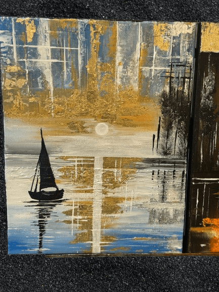 Golden Serenity – Abstract Nautical Wall Art with Sailboat & Gold Leaf