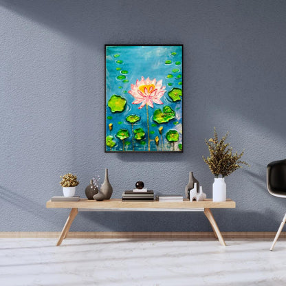 Handcrafted 3D lotus flower painting featuring a pink lotus bloom, raised green lily pads, and a glossy resin finish on a blue water background, 11x14 inches.