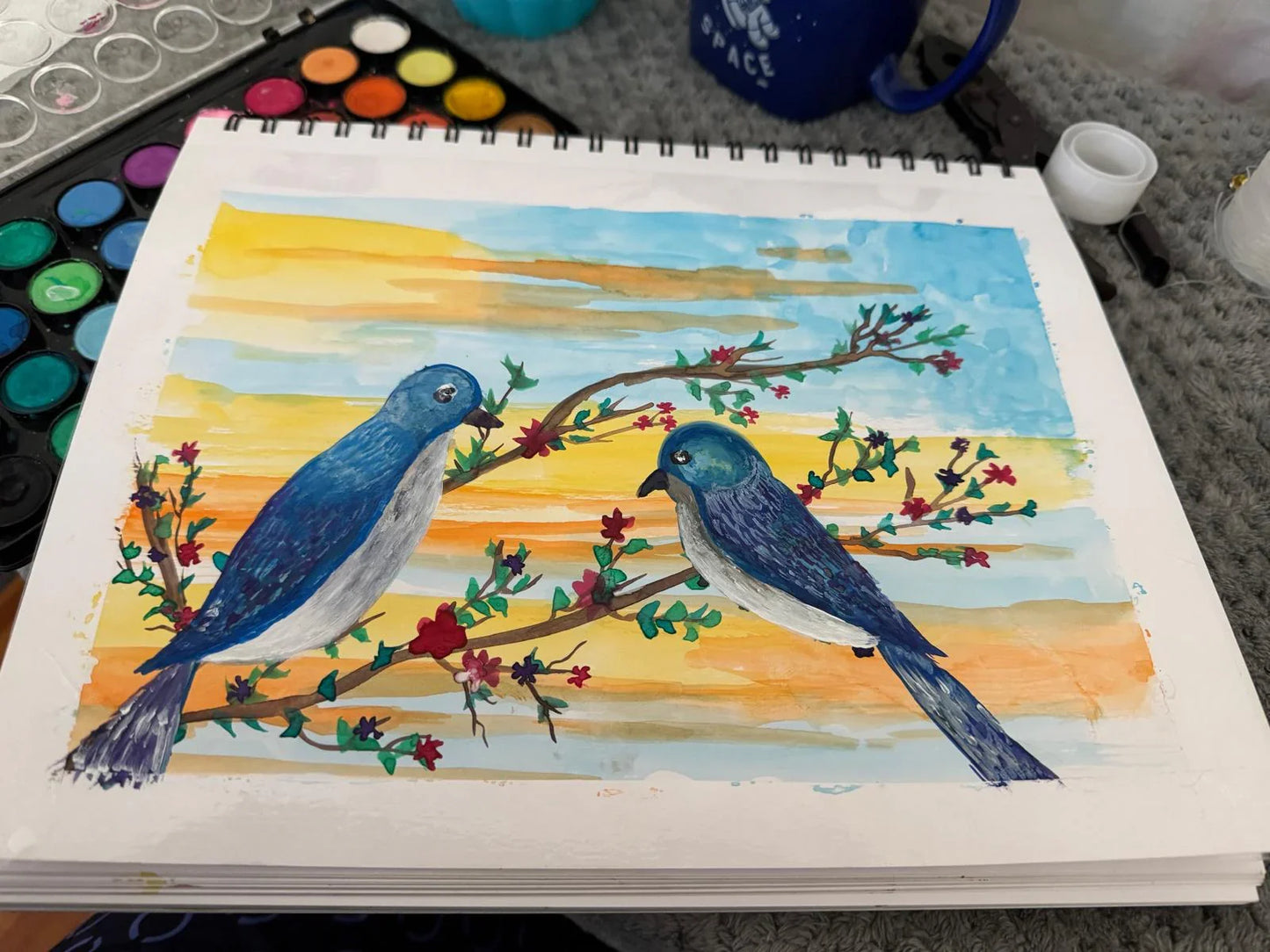 Sunrise with Bluebirds – Original 9x11 Mixed Media Art