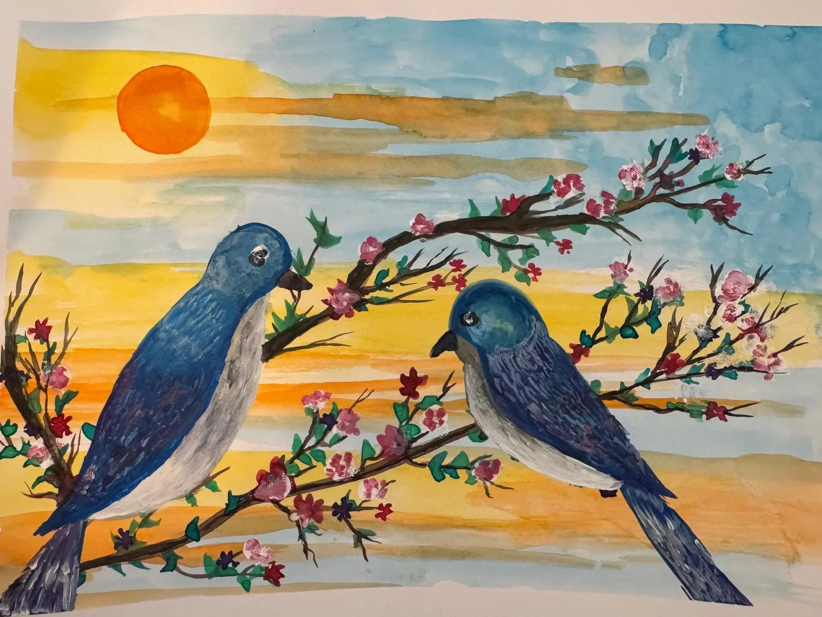 Sunrise with Bluebirds – Original 9x11 Mixed Media Art