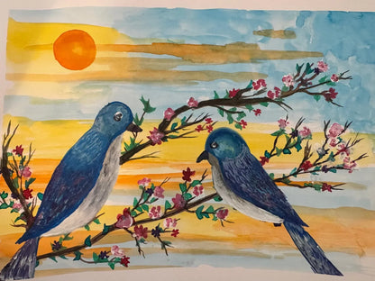 Sunrise with Bluebirds – Original 9x11 Mixed Media Art