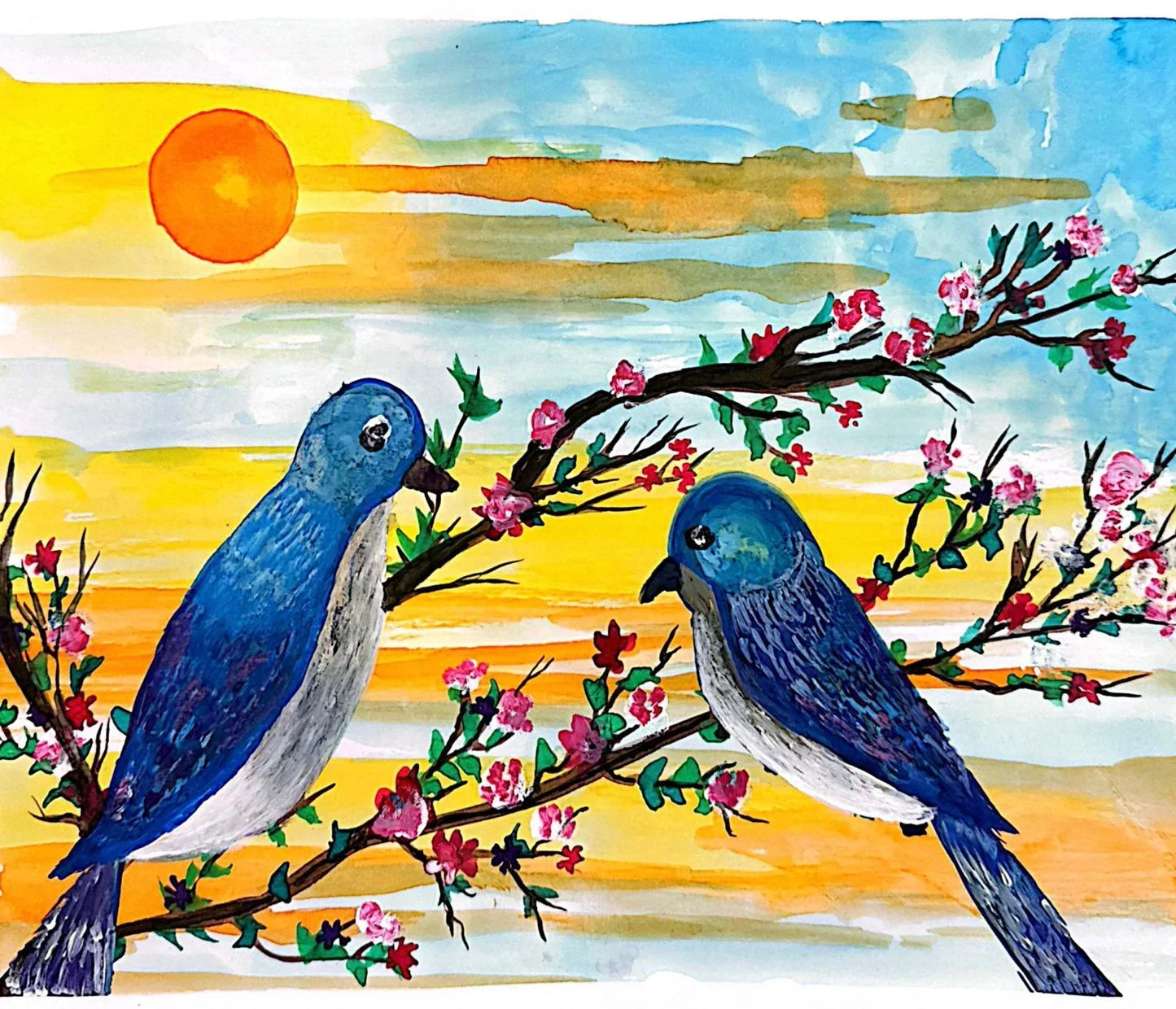 Sunrise with Bluebirds – Original 9x11 Mixed Media Art