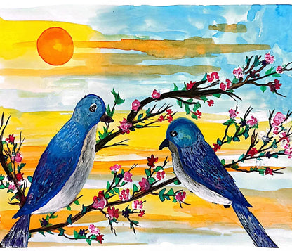 Sunrise with Bluebirds – Original 9x11 Mixed Media Art