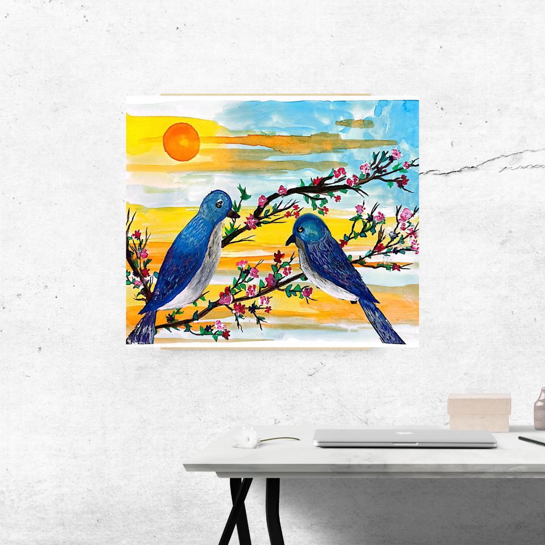 Sunrise with Bluebirds – Original 9x11 Mixed Media Art
