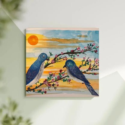 Sunrise with Bluebirds – Original 9x11 Mixed Media Art
