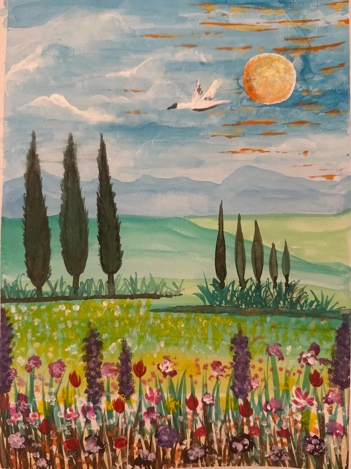 Fields of Serenity – Original Landscape Painting (8x11 in, Acrylic + Watercolor)