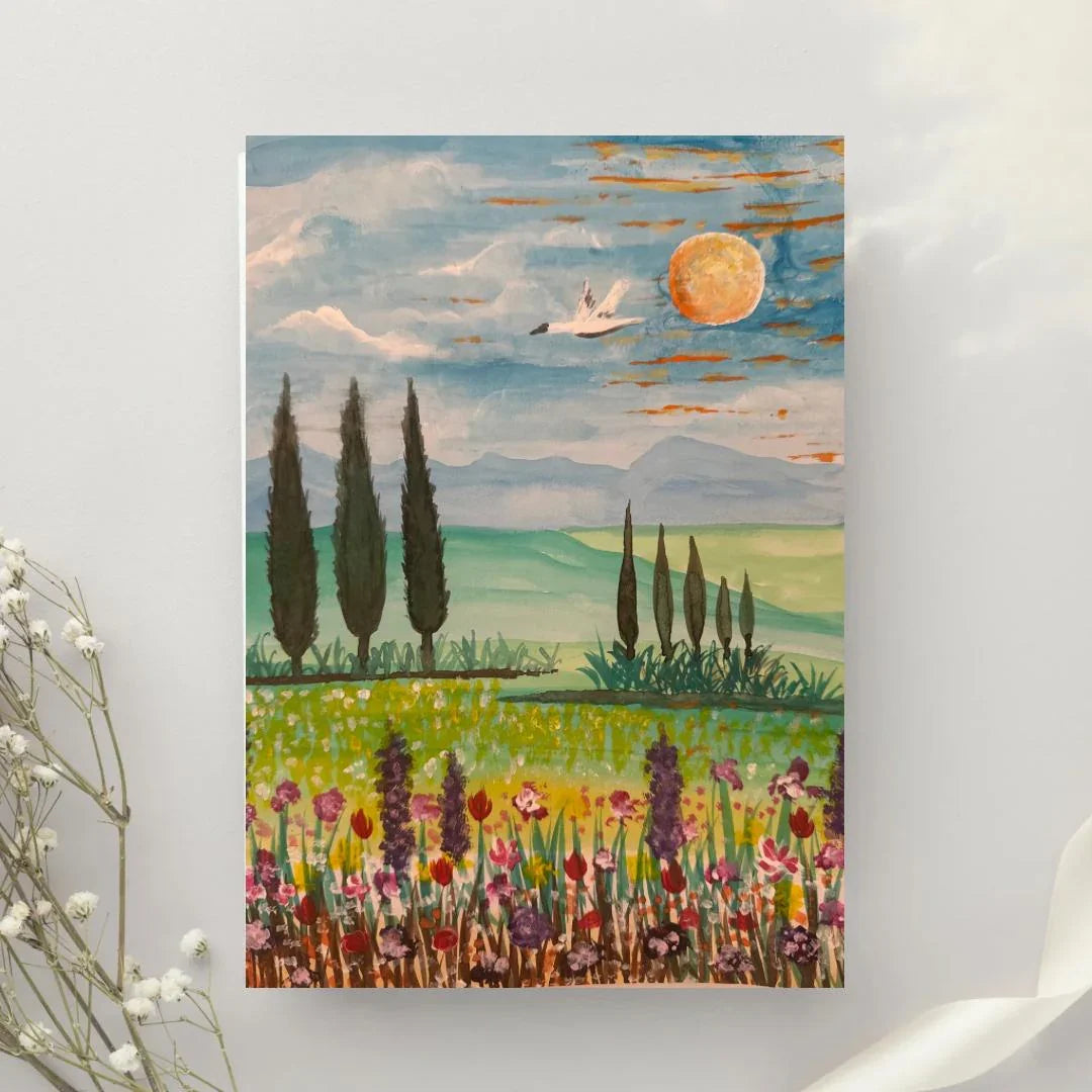 Fields of Serenity – Original Landscape Painting (8x11 in, Acrylic + Watercolor)