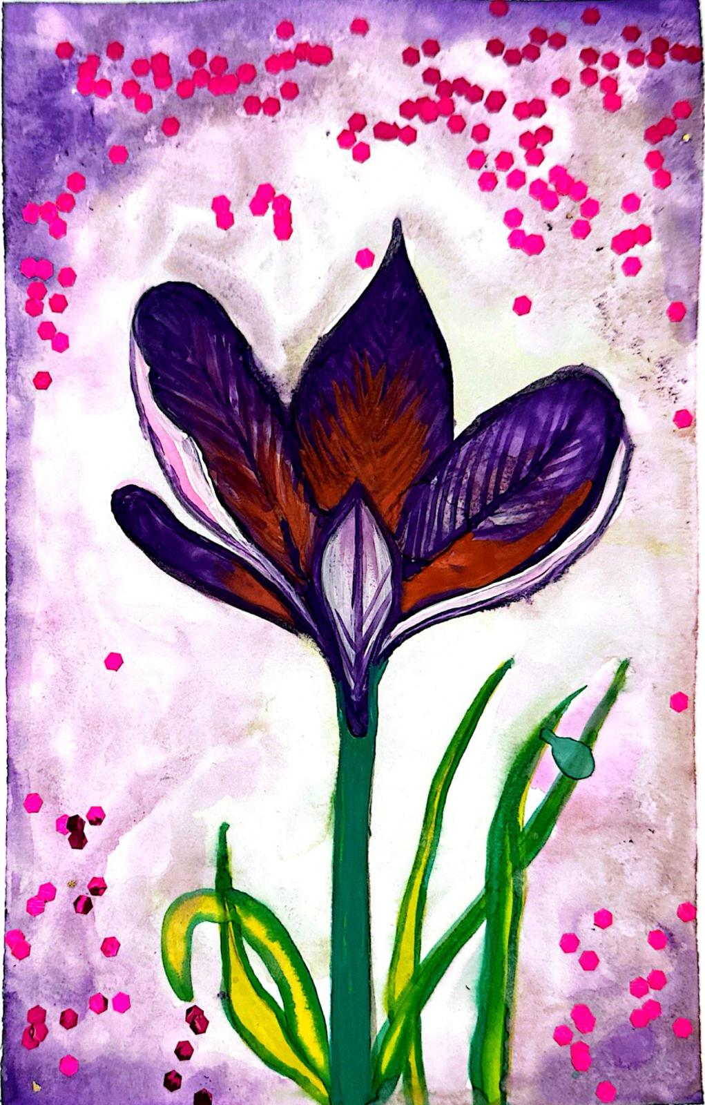 Colorful flower painting with purple and green hues on a light background