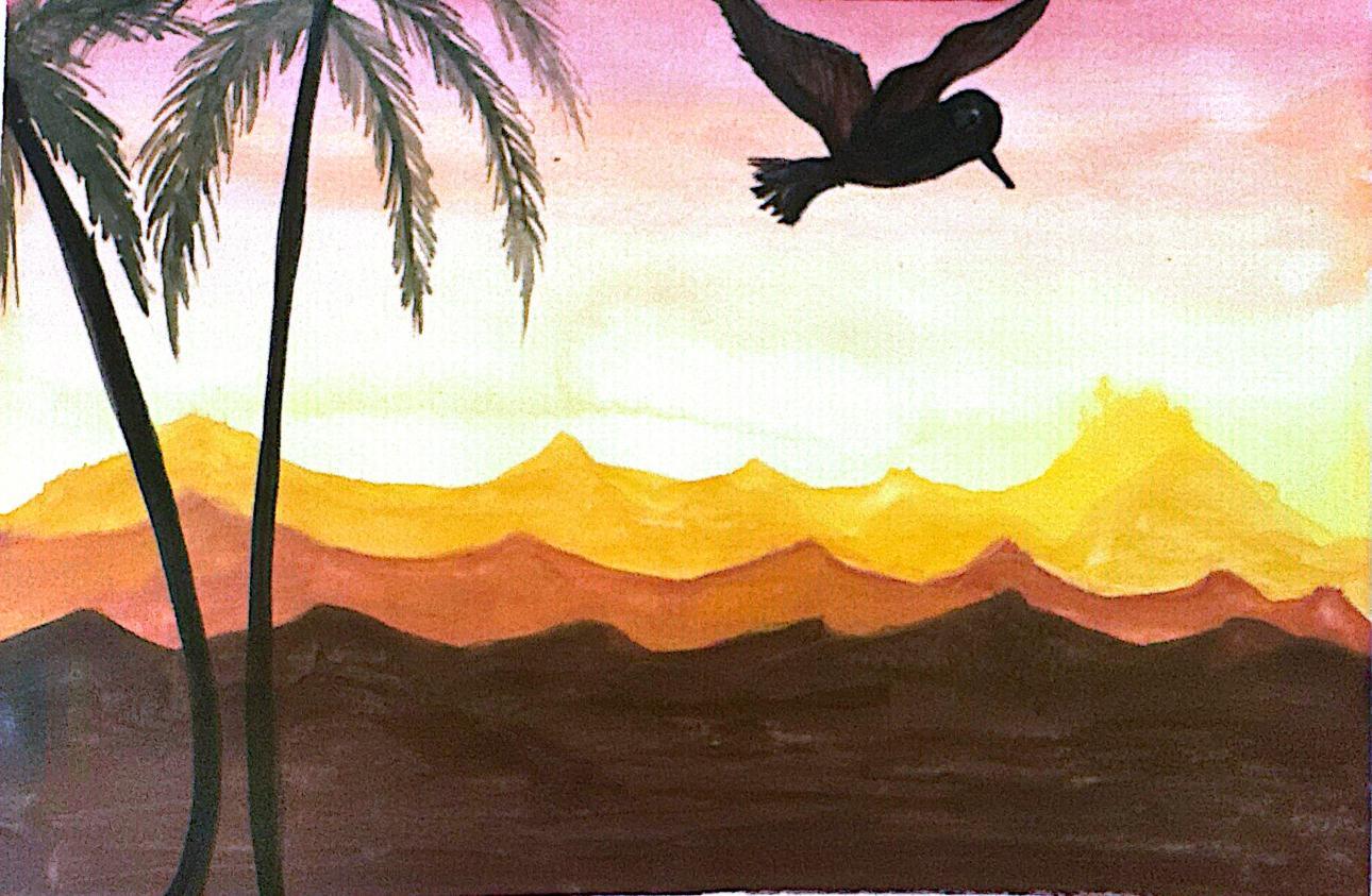 Golden Flight at Dusk – Watercolor Sunset Painting (original)