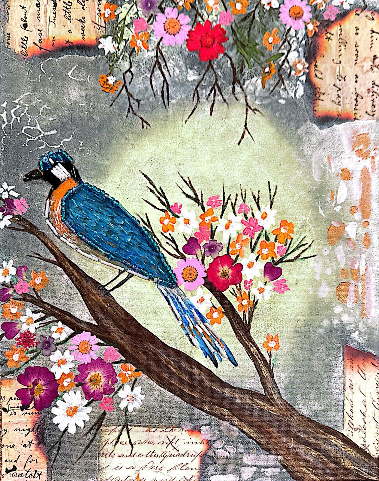 Colorful illustration of a blue bird on a branch with flowers and text elements.