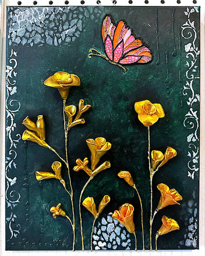 Artistic depiction of yellow flowers and a pink butterfly on a textured green background.