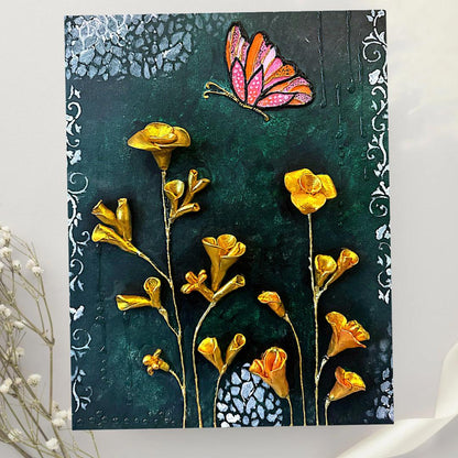 Artistic depiction of yellow flowers and a butterfly on a textured background