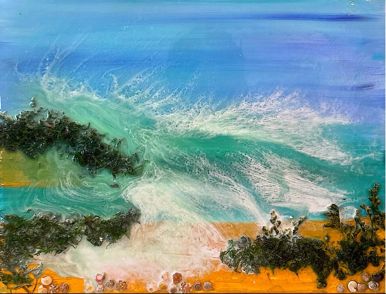 Resin beach art with blue water, white surf, and golden sand – Crash of Calm.