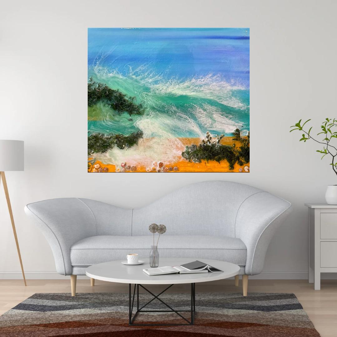 Handmade seascape artwork featuring textured waves and coastal elements.

