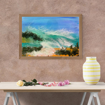 "Ocean wave resin painting with real shells and seaweed on sandy shore – 11x14 inches"