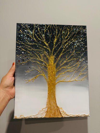 Original mixed media painting on 11x14 inch canvas featuring a golden textured tree with shimmering accents on a black and silver gradient background.