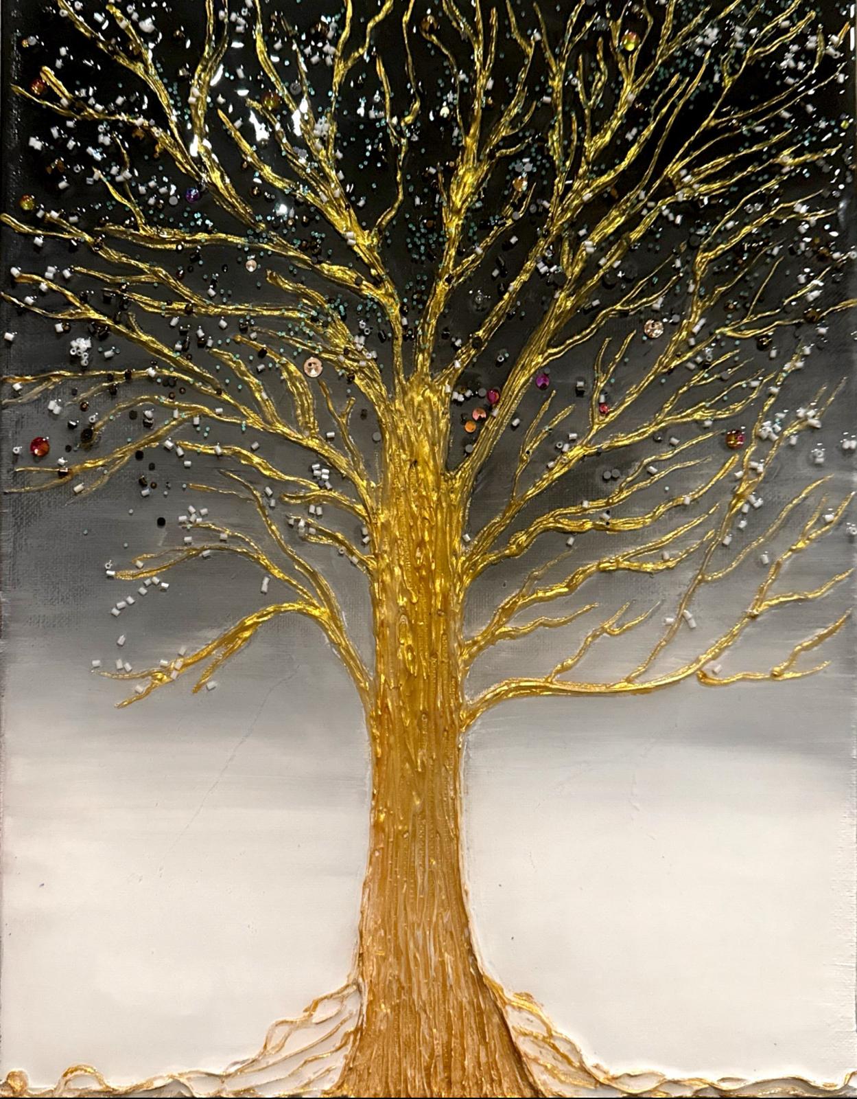 Original mixed media painting on 11x14 inch canvas featuring a golden textured tree with shimmering accents on a black and silver gradient background.