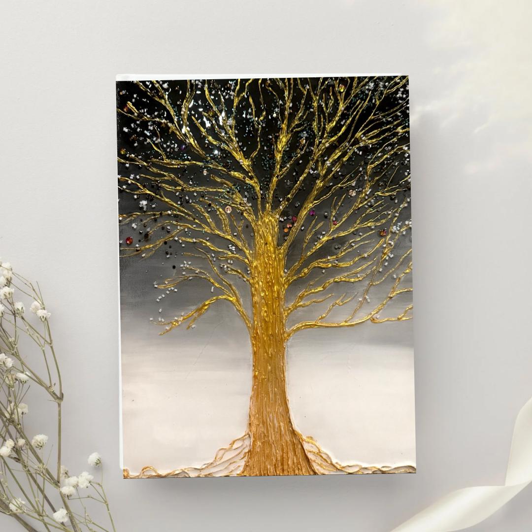 Original mixed media painting on 11x14 inch canvas featuring a golden textured tree with shimmering accents on a black and silver gradient background.
