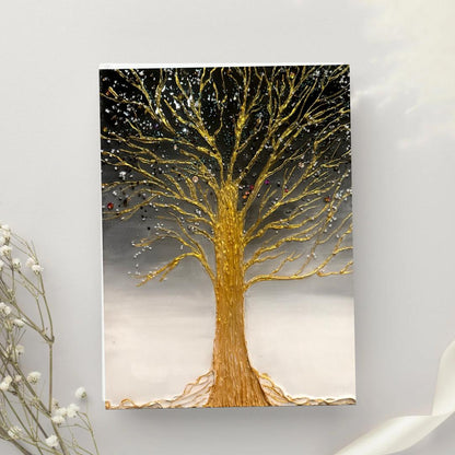Original mixed media painting on 11x14 inch canvas featuring a golden textured tree with shimmering accents on a black and silver gradient background.