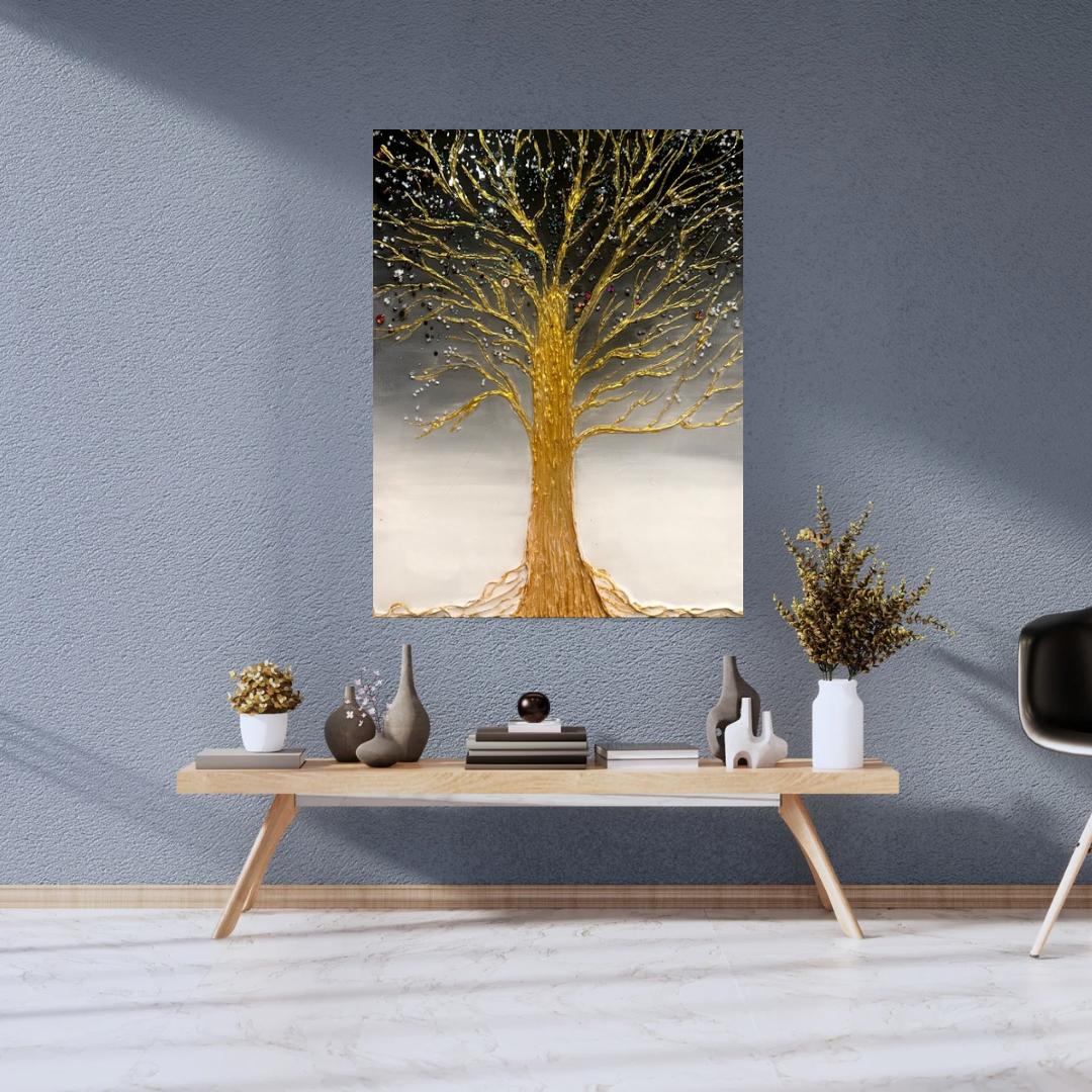 Original mixed media painting on 11x14 inch canvas featuring a golden textured tree with shimmering accents on a black and silver gradient background.